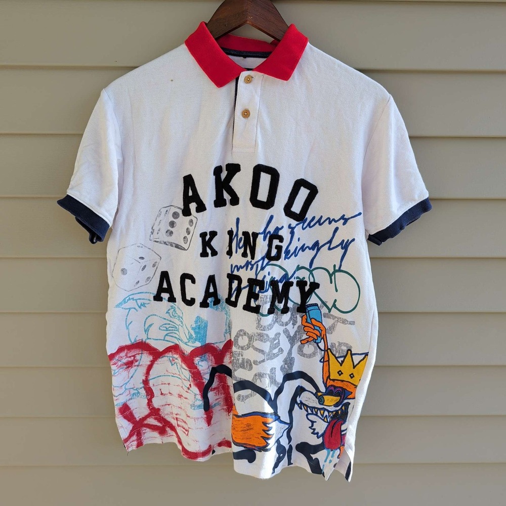 AKOO King Academy Polo Shirt Mens Medium White Graffiti Graphic Streetwear